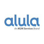 Blue 'alua' logo with the tagline 'An M2M Services Brand' on a green background.